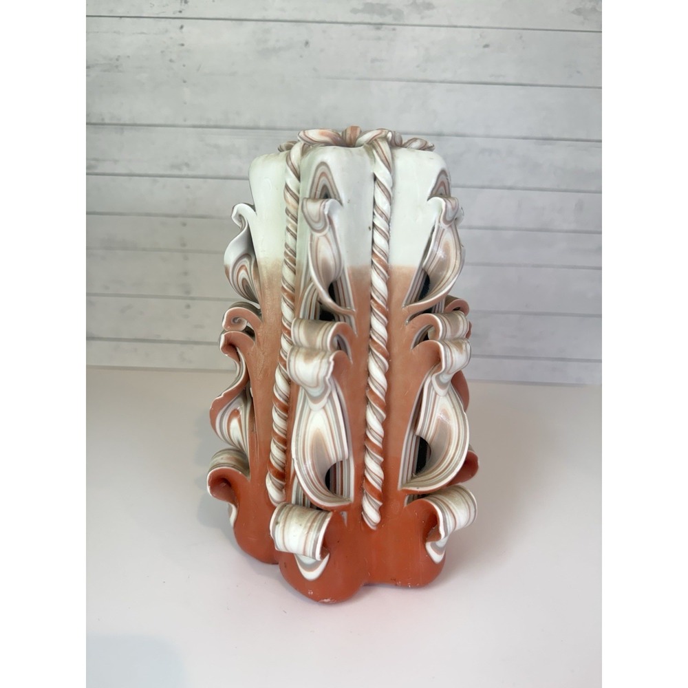 Vintage Style Hand Carved Wax Candle Art Floral Pink Cream 8" Decorative